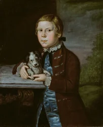 Junge der Hallett-Familie mit Hund