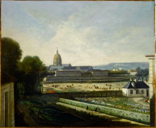 Das Marmorlager und die Esplanade vor der Drehbrücke der Tuilerien, vor dem Bau des Place Louis XV, um 1750, heutiges 1. Arrondissement.