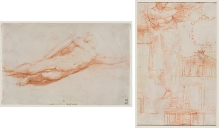 Studie eines gefallenen Soldaten (möglicherweise die Bekehrung des Saulus) (recto); Eine drapierte weibliche Figur (möglicherweise eine Amazone) und architektonische Studien (verso)