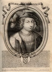 Porträt von Chlothar III. (652 - 673), König von Neustrien und Burgund - Chlothar III. oder Chlothar III., König der Franken aus dem Haus der Merowinger - Gravur aus 