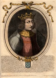 Porträt von Ludwig X. dem Hutin (1289 - 1316), König von Frankreich - Ludwig X. (1289-1316) der Eigensinnige, König von Frankreich und Navarra - Gravur aus 