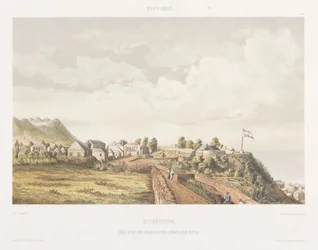 Ansicht von Fort Oranje und De Krater auf Sint Eustatius (Gezigten uit Neerland