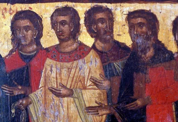 Männliche Figuren, Holztafel in der byzantinischen Kirche von Palea Roumata, Kreta, Griechenland (Foto)