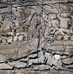 Seeschlacht zwischen Cham und Khmer, Detail eines Basreliefs des Bayon-Tempels (13. Jahrhundert), Angkor Thom, Angkor-Archäologiestätte (UNESCO-Welterbeliste)