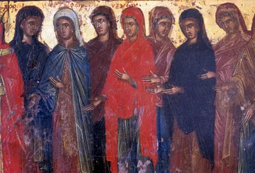 Fromme Frauen, Holztafel in der byzantinischen Kirche von Palea Roumata, Kreta, Griechenland (Foto)