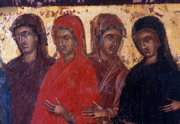 Fromme Frauen, Holztafel in der byzantinischen Kirche von Palea Roumata, Kreta, Griechenland (Foto)