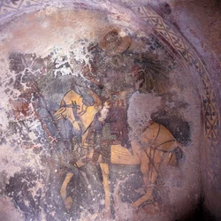 Heiliger zu Pferd, Fresko in der Kirche in Prodromi, Kreta, Griechenland (Foto)