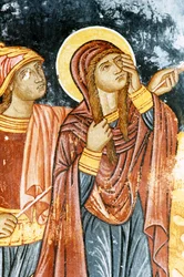 St. Longinus und Maria, Kreuzigungsszene, Fresko im Mikro Sotiris Kloster, Symi Insel, Griechenland (Foto)