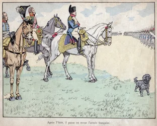 Nach Tilsit - Napoleon inspiziert die französische Armee nach der Unterzeichnung der Verträge von Tilsit, 7. Juli 1807 - Lithographie von Job (Jacques Onfroy de Breville) aus „Le Grand Napoleon des Petites Enfants“ 1893