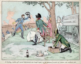 Schlacht von Aspern Essling - Napoleon erhält die Nachricht vom Tod von Marschall Lannes 1809 - Lithographie von Job (Jacques Onfroy de Breville) aus Le Grand Napoleon des Petites Enfants