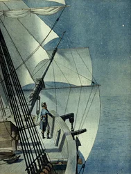 Kampagne (Expedition) von Ägypten (1798-1801): Rückkehr von Alexandria nach Ägypten an Bord der Fregatte „La Muiron“, Napoleon I. Bonaparte (1769-1821) allein auf dem Deck des Schiffes betrachtet das Mittelmeer bei Nacht