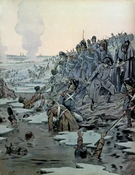 Österreichfeldzug (1805): Nach der Schlacht bei Austerlitz retteten Napoleon I. Bonaparte (1769-1821) und seine Soldaten am 2. Dezember die Russen aus den eisigen Seen