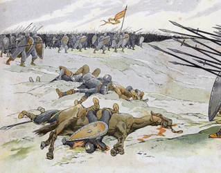 Französisch-Englischer Krieg (1202-1214): Gefallene Soldaten in der Schlacht von Bouvines am 27.07.1214, die die französische Armee von Philippe Auguste gegen die Flamen und Welfen von Othon IV. stellte. In „Frankreich, seine Geschichte erzählt von G. Mont