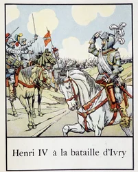 Henri IV (1553 - 1610) in der Schlacht von Ivry im Jahr 1590 - in „Petite histoire de France“ von Jacques Bainville, ed. Mane