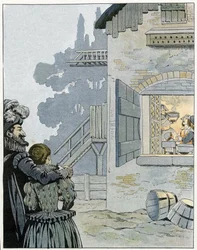 Heinrich IV. (1553-1610) und das Huhn im Topf: Der König beobachtet das Mahl einer Bauernfamilie und möchte ihre Lebensbedingungen durch das Huhn im Topf verbessern. in „Frankreich, seine Geschichte erzählt von G. Montorgueil, illustriert von Job“ 1896. Pr