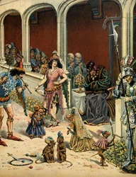 Geschichte Frankreichs im Mittelalter: Der König von Frankreich Ludwig XI. genannt der Kluge (1423-1483) altert in seinem Schloss von Plessis-les-Tours in Gesellschaft von Zigeunern, die ihn unterhalten