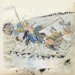 Hundertjähriger Krieg: „Die Schlacht von Azincourt am 25.10.1415“. Französische Truppen besiegt von der Armee von König Heinrich V. (1387-1422). In „Frankreich, seine Geschichte erzählt von G. Montorgueil, illustriert von Job“ 1896. Private Sammlung