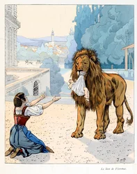 Illustration aus dem Buch „A la gloire des betes“ von A. Fabre, Zeichnungen von Jacques Marie Gaston Onfray de Breville dit JOB: Der Löwe von Florenz (Flucht aus der Menagerie des Großherzogs von Florenz)