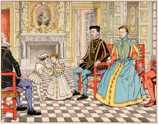 Illustration aus dem Buch „Le bon roy Henri“, illustriert von Jacques Marie Gaston Onfray de Breville dit JOB (1858-1931): Antoine de Bourbon brachte ihn nach Paris und stellte ihn seinem Cousin Henri II vor, der ihm die Hand seiner Tochter Marguerite anbo