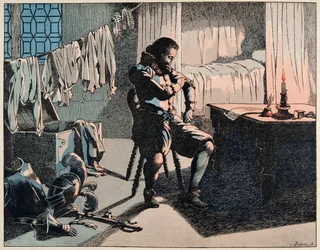 Illustration aus dem Buch „Le bon roy Henri“, illustriert von Jacques Marie Gaston Onfray de Breville dit JOB (1858-1931): 1589 wurde Henri König von Frankreich, aber ohne Geld - Private Sammlung