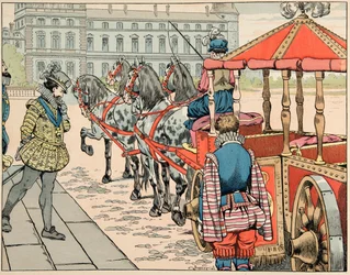 Illustration aus dem Buch „Le bon roy Henri“, illustriert von Jacques Marie Gaston Onfray de Breville dit JOB (1858-1931): Am 14. Mai 1610 bereitet sich Henri IV darauf vor, in seiner offenen Kutsche zu fahren