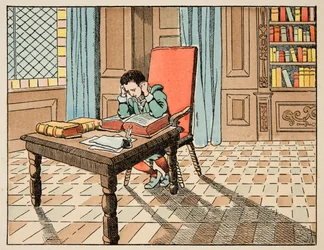 Illustration aus dem Buch „Le bon roy Henri“, illustriert von Jacques Marie Gaston Onfray de Breville dit JOB (1858-1931): Bildung im 16. Jahrhundert: Vorlesung der Klassiker - Private Sammlung