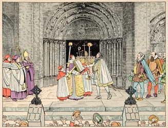 Illustration aus dem Buch „Le bon roy Henri“, illustriert von Jacques Marie Gaston Onfray de Breville dit JOB (1858-1931): Henri IV, Basilika Saint Denis, schwört seiner Religion ab und konvertiert
