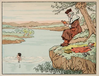 Illustration aus dem Buch „Le bon roy Henri“, illustriert von Jacques Marie Gaston Onfray de Breville dit JOB (1858-1931): Erziehung im 16. Jahrhundert: Schwimmen - Privatsammlung