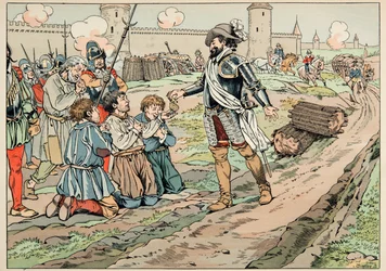 Illustration aus dem Buch „Le bon roy Henri“, illustriert von Job: Heinrich IV. gibt Geld und befreit Bauern, die versucht haben, Lebensmittel nach Paris zu bringen