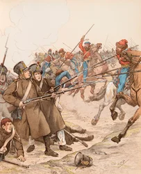 Französische Militärs während der Napoleonischen Feldzüge, genannt Marie Louise, 1815 im Kampf gegen die Kosaken, Privatsammlung