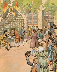 Illustration: Geschichte Belgiens - Rekrutierung von Freiwilligen für die Armee der Patrioten im Café du Coffy