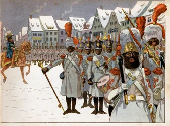 Joachim Murat (1767-1815) übernahm das Kommando der Armee, nachdem der Kaiser Russland verlassen hatte. In seinem Hauptquartier in Königsberg überprüft er eine Kompanie von Schwarzen. Gravur von Jacques Marie Gaston Onfray de Breville, genannt Job (1858-19