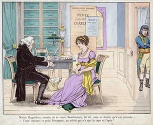 Josephine und der Notar - Maitre Raguideau, Notar der Witwe Beauharnais, sagte zu ihr: Heirate diesen kleinen Bonaparte - Lithographie von Job (Jacques Onfroy de Breville) aus Le Grand Napoleon des Petites Enfants