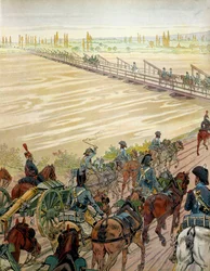 Napoleon I. Bonaparte (1769-1821) und seine Armee überquerten den Rhein am 1. Oktober 1805. In „Napoleon“ von Georges Montorgueil. Illustration von Jacques Marie Gaston Onfray de Breville, genannt JOB (1858-1931)