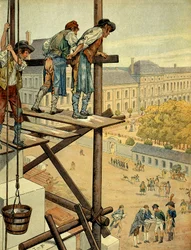 Napoleon I. Bonaparte aufmerksam gegenüber den architektonischen und städtischen Arbeiten der Verbindung zwischen dem Louvre und dem Palais des Tuilerien in Paris, die 1802 begannen