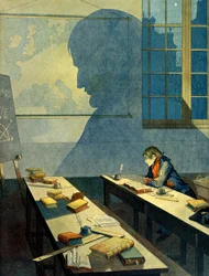 Napoleon I. Bonaparte (1769-1821) studiert an der Königlichen Militärschule von Brienne (Schule der Minimes in der Aube, Champagne Ardennes). Sein Schatten fällt auf die geografische Karte Europas. Illustration von Jacques Marie Gaston Onfray de Breville, 