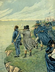 Napoleon I. Bonaparte (1769-1821) besuchte das Arsenal des Boulogne-Lagers im Juli 1804. Illustration von Jacques Marie Gaston Onfray de Breville, genannt JOB. Private Sammlung