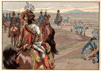 Napoleon I. Bonaparte (1769-1821) mit Joachim Murat (1767-1815) während der Kapitulation von Ulm im Jahr 1805. Stich von Jacques Marie Gaston Onfray de Breville, genannt Job (1858-1931)