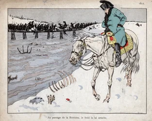 Napoleon beobachtet, wie die Überreste seiner Grande Armée auf dem Rückzug aus Moskau die Beresina überqueren