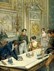 Wiederholung des Festzugs während der Krönung durch den Maler Isabey (1767-1855) in Anwesenheit von Joséphine de Beauharnais (1763-1814) und Napoleon I. Bonaparte (1769-1821) im Schloss Fontainebleau. Illustration von Jacques Marie Gaston Onfray de