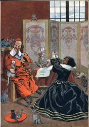 Szene aus der Geschichte Frankreichs in Spielzeug: Frau bittet um Vergebung von Kardinal Richelieu (1585-1642), umgeben von Katzen. In „Joujoux à l