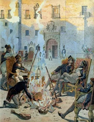 Spanischer Krieg (1808-1813): Die französische Armee von Napoleon I. Bonaparte (1769-1821) in Spanien genießt eine gute Zeit. In „Napoleon“ von Georges Montorgueil. Illustration von Jacques Marie Gaston Onfray de Breville, genannt JOB