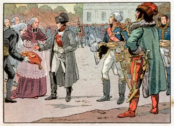 Die Verteidiger von Wien übergaben Napoleon I. Bonaparte (1769-1821) die Schlüssel der Stadt in Anwesenheit von Joachim Murat (1767-1815) am 14.11.1805. Gravur von Jacques Marie Gaston Onfray de Breville dit Job (1858-1931)