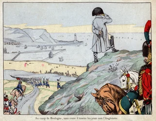 Angriffsprojekt auf England durch die englische Armee unter der Führung von Napoleon aus dem Lager Boulogne-sur-Mer im März 1803 - Lithographie von Job